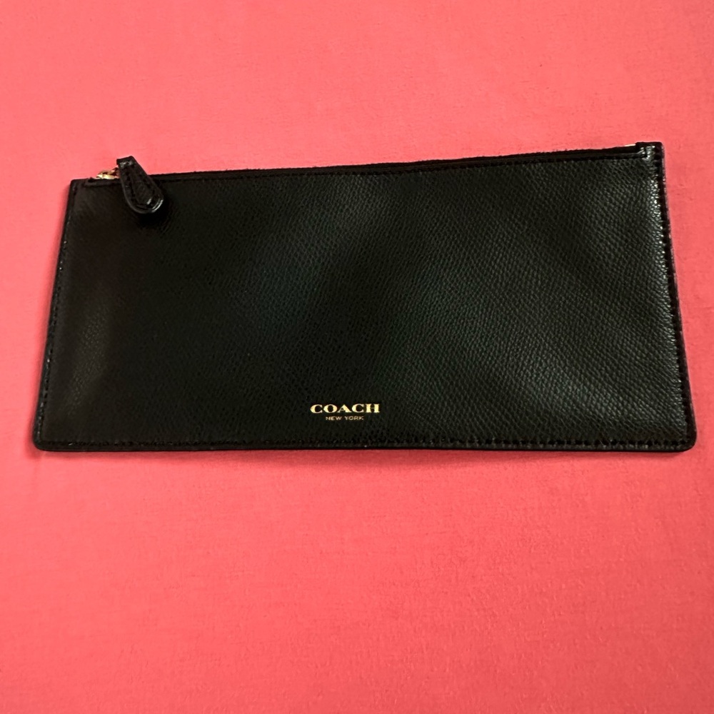 Coach Black Leather Slim Zip Wallet with Gold Logo